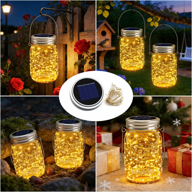 VOOKRY 6 Pack Solar Mason Jar Lights for Outside, 30 LED Solar Mason Jar Lids Fairy Lights with 6 Hangers(No Jars) Outdoor Waterproof for DIY Patio Garden Yard Lawn Party Wedding Decoration Warm White - Image 3